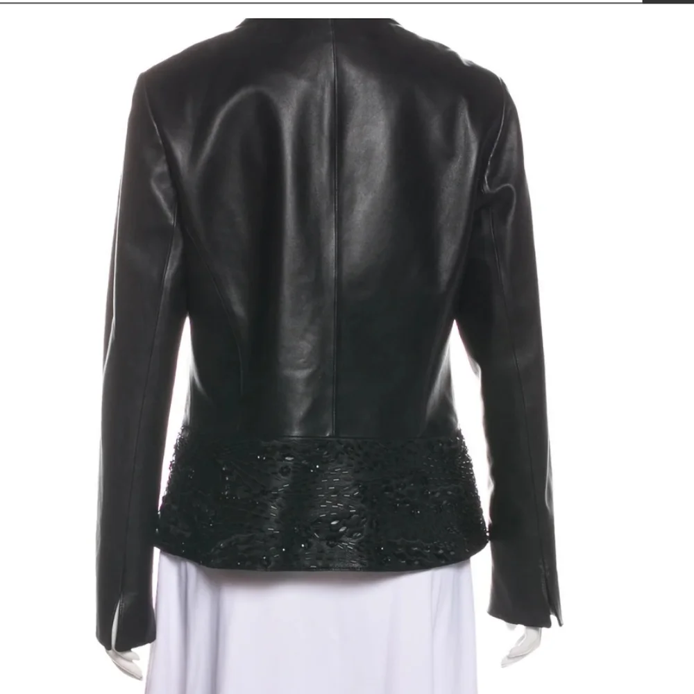 Lafayette 148 New York Black Leather Tailored Jacket with Embellished Hem